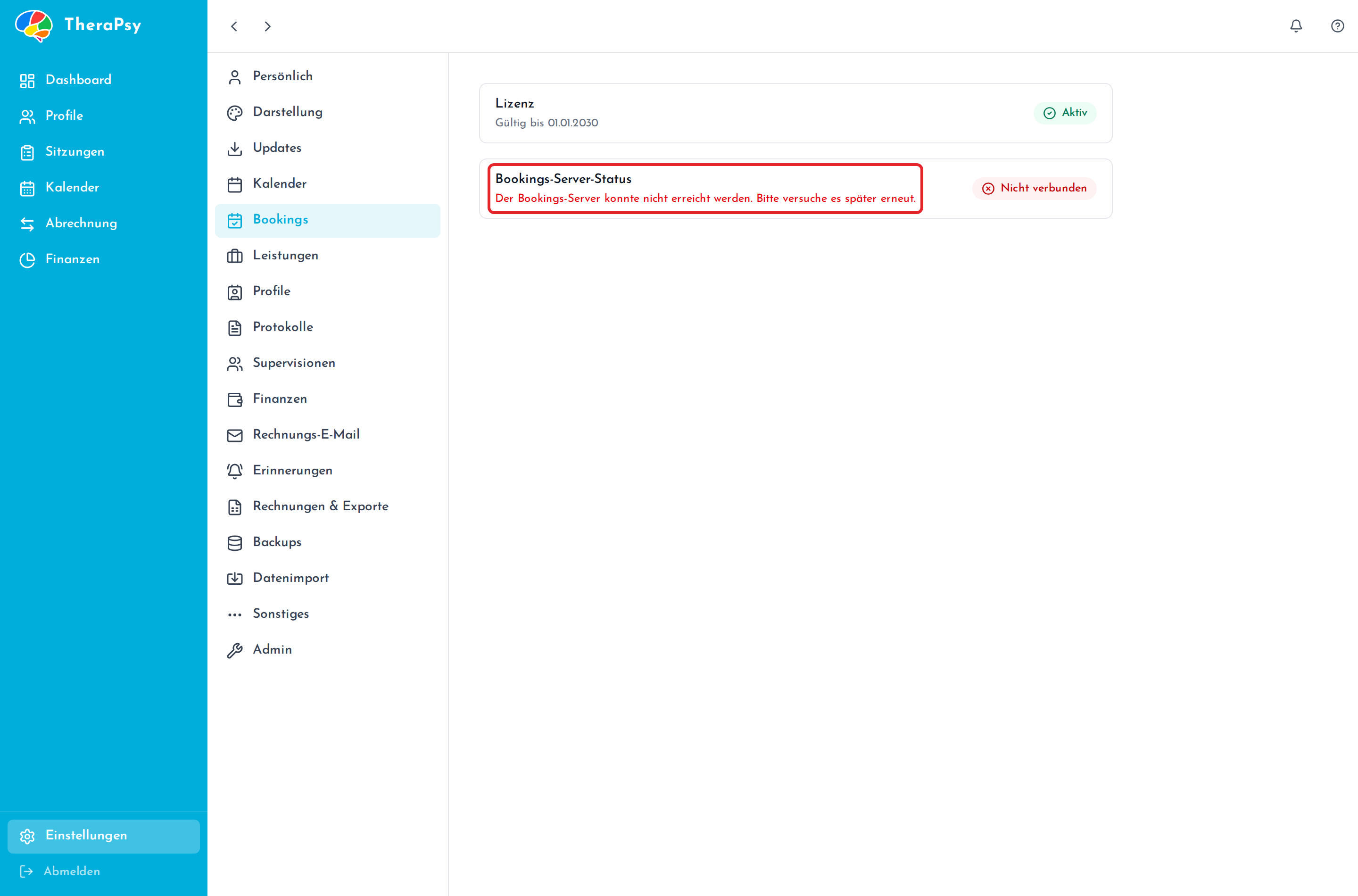 Die Einstellungsseite „Bookings“ mit Lizenz und Serverstatus