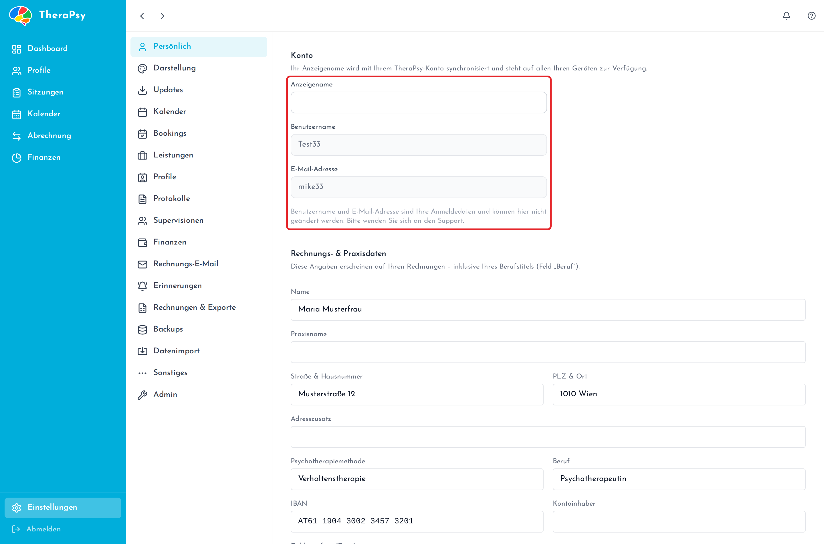 Der obere Teil der Seite mit Anzeigename, Benutzername und E-Mail-Adresse
