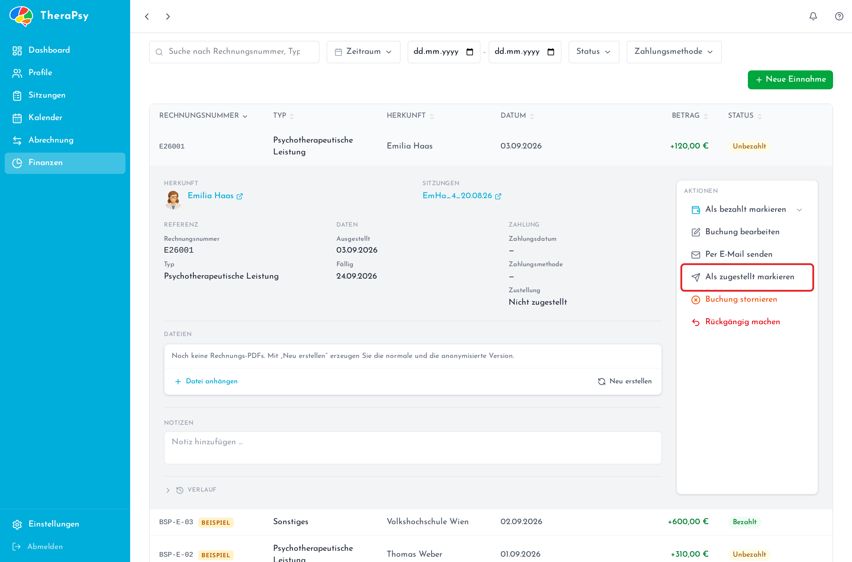 Die Details einer Rechnung mit dem Zustellstatus und der Aktion „Als zugestellt markieren“