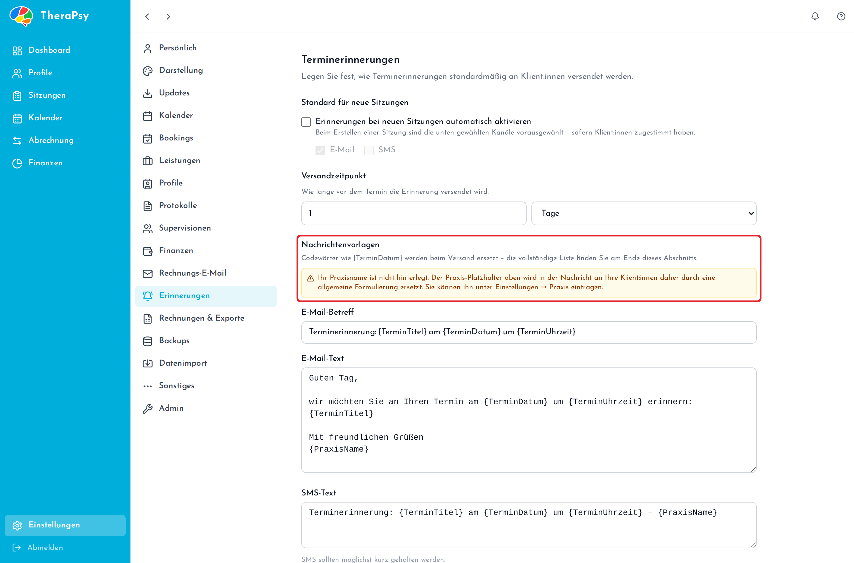 Der Abschnitt „Nachrichtenvorlagen“ mit Betreff, E-Mail-Text und SMS-Text