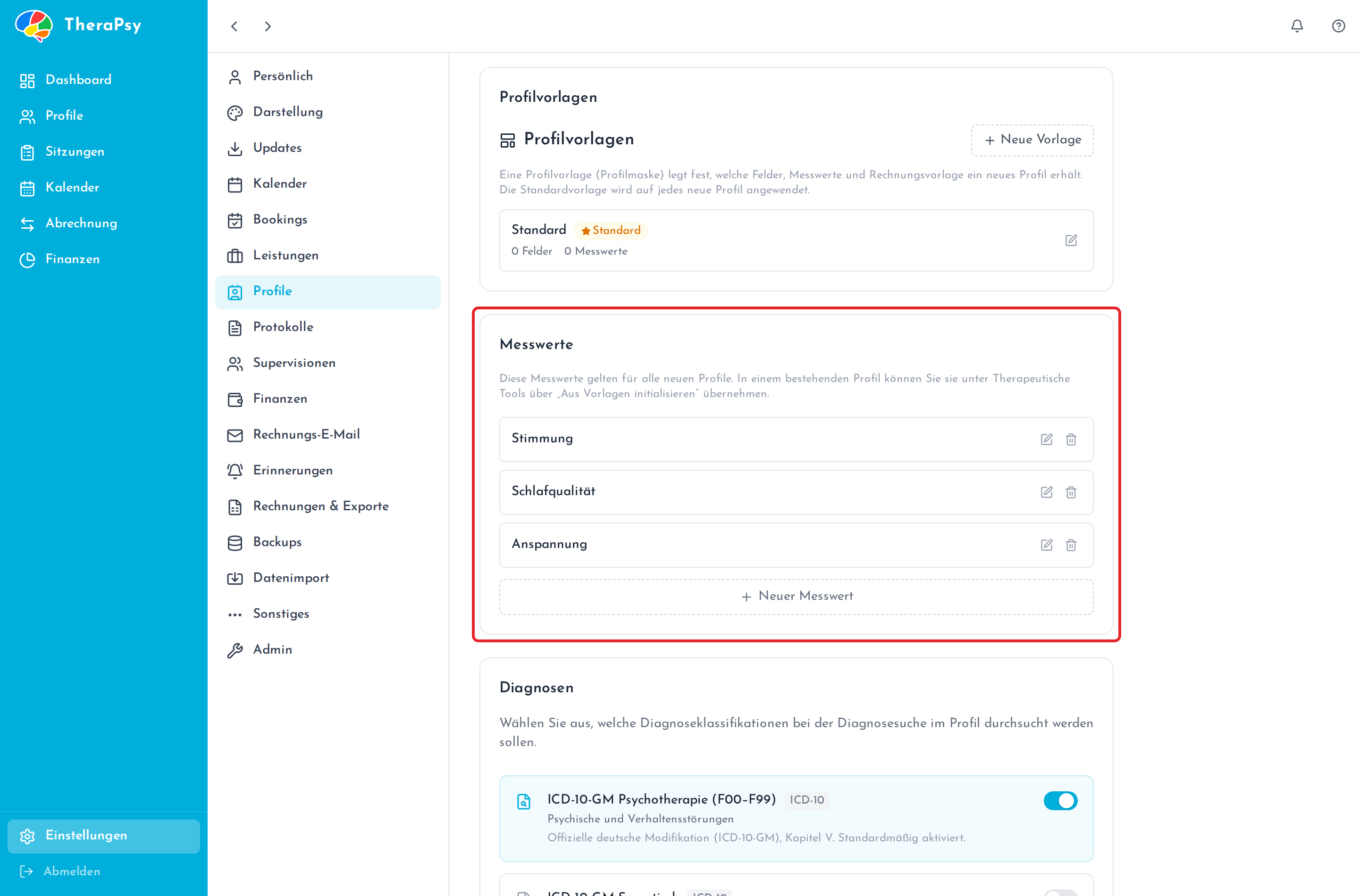 Die Messwerte unter „Einstellungen → Profile“